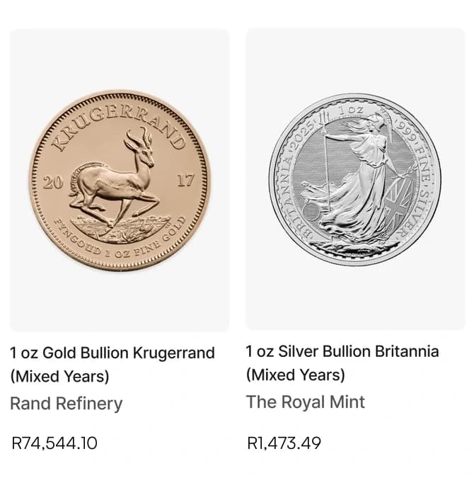 Two products in the SA Bullion shop, each with its own live price: a 1 oz Gold Krugerrand at R74,544.10 and a 1 oz Silver Britannia at R1,473.49.