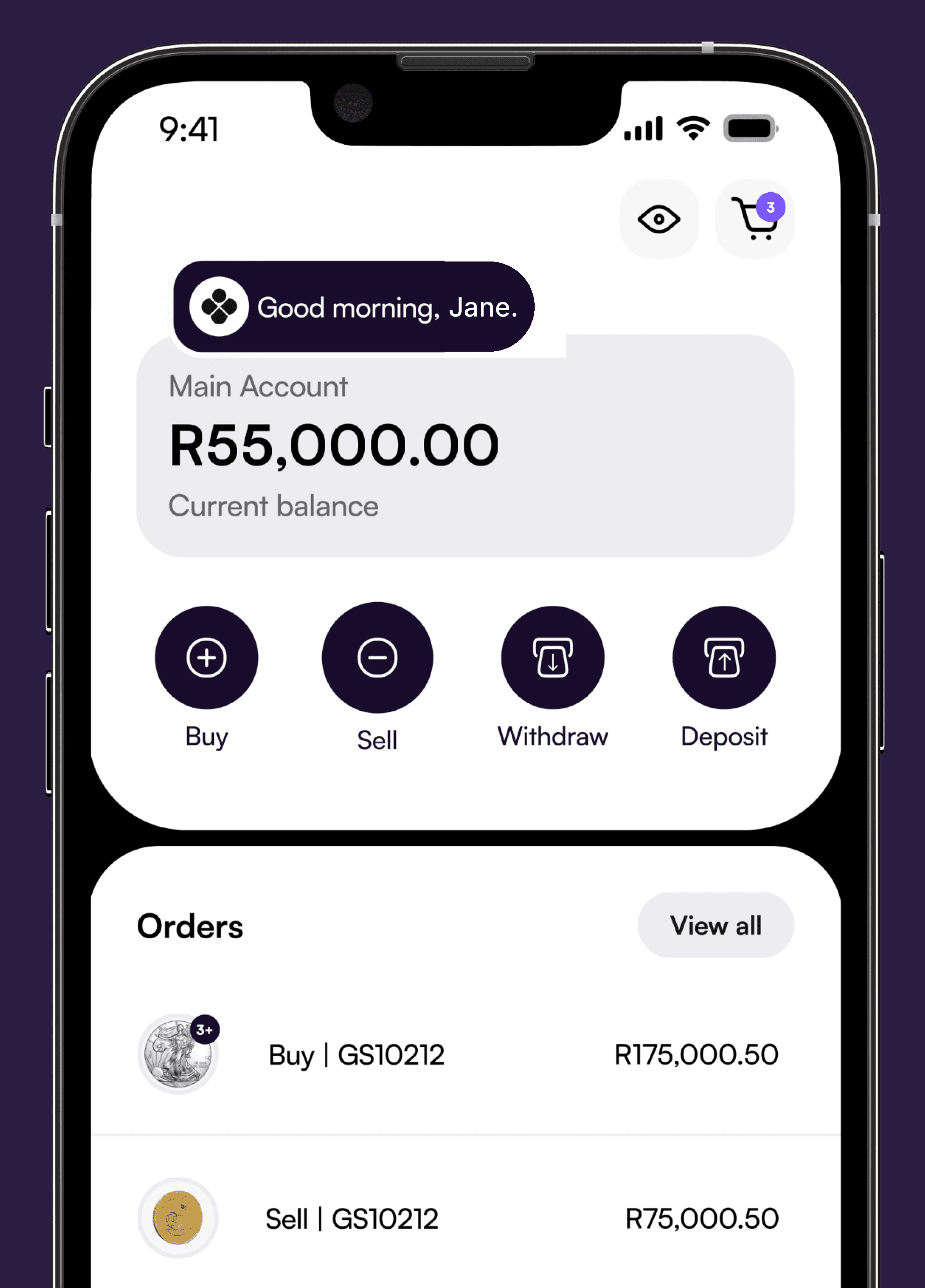 SA Bullion app home screen showing Jane's R55,000 account balance, quick actions, recent orders and navigation.