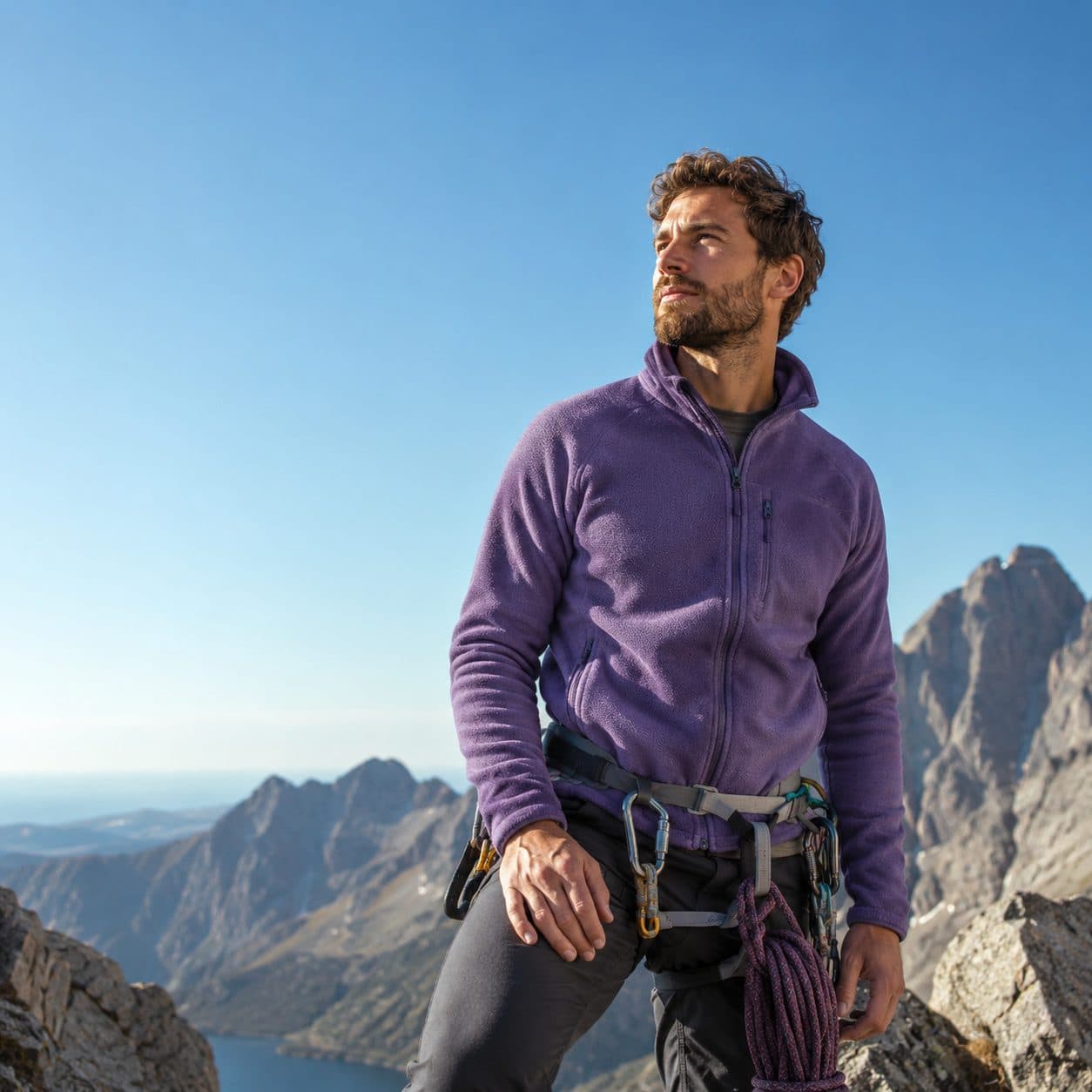 A climber pauses high on a mountain ridge.
