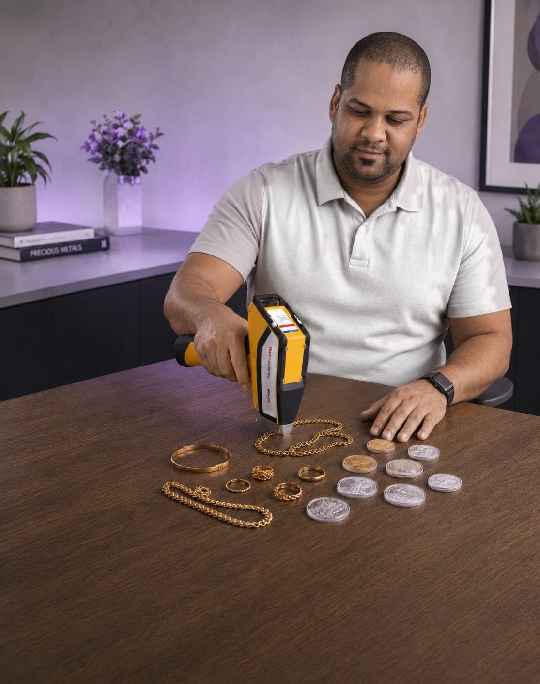 A SA Bullion specialist tests coins and jewellery with an X-ray analyser at the buyback desk.